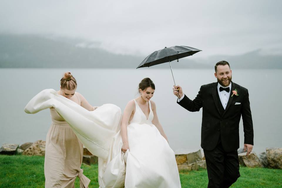 Bride and groom on lawn