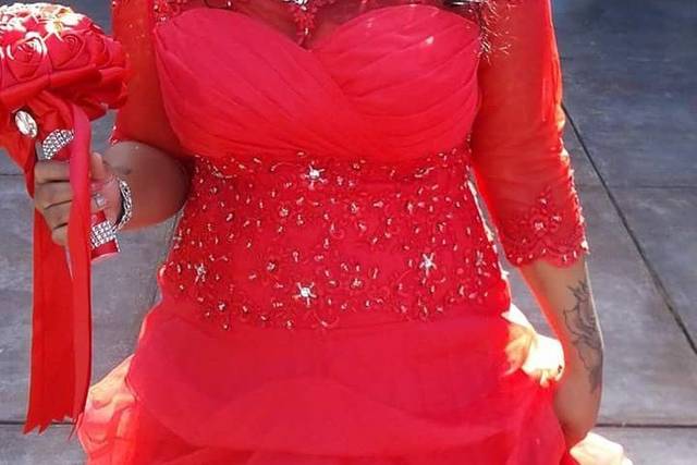 In a red outfit
