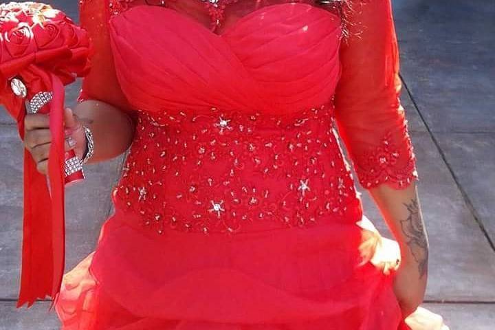 In a red outfit