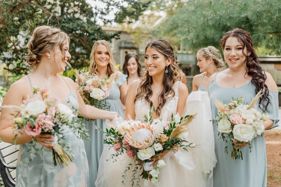 Bridesmaids with their bouquets