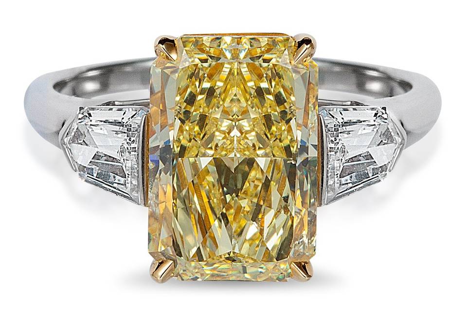 11284	<br>	Fancy Yellow Radiant Cut Diamond Ring with Tapered Bullet Diamonds - in Platinum (5.77 CTW)