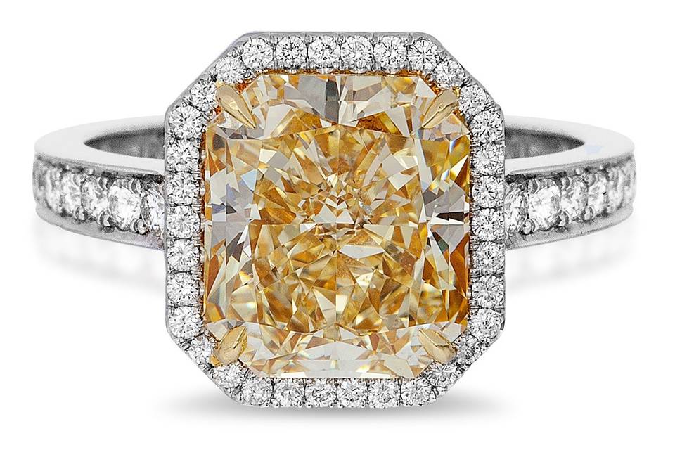 11285	<br>	Fancy Yellow Radiant Cut Diamond Ring with MicropavÃ© Halo - in Platinum (5.28 CTW)