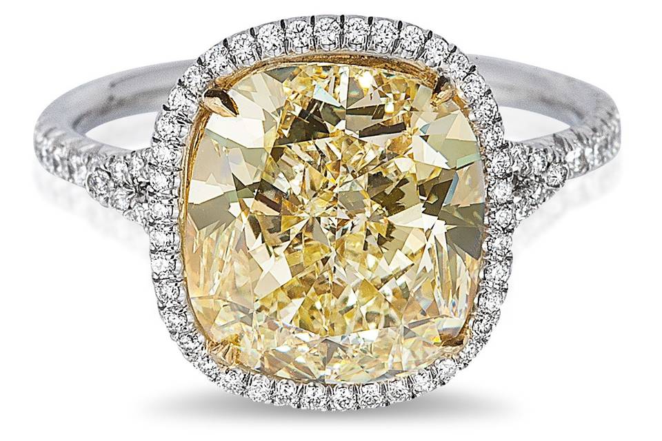 11286	<br>	Fancy Yellow Cushion Cut Diamond Ring with MicropavÃ© Halo - in Platinum (5.36 CTW)