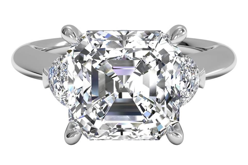 11789	<br>	Three-Stone Diamond Engagement Ring with Half Moon Side-Diamonds - in Platinum