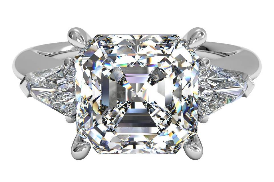 11791	<br>	Three-Stone Diamond Engagement Ring with Bullet Side-Diamonds - in Platinum
