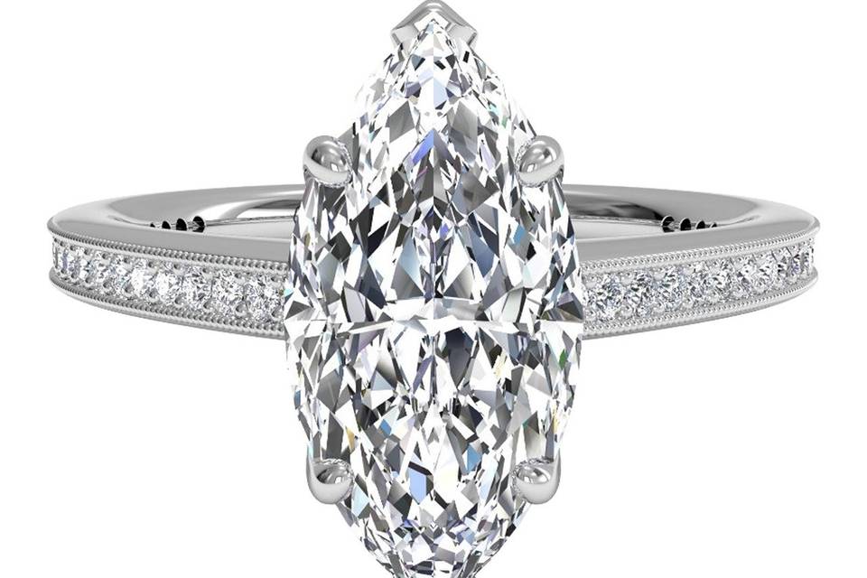 11791	<br>	Three-Stone Diamond Engagement Ring with Bullet Side-Diamonds - in Platinum