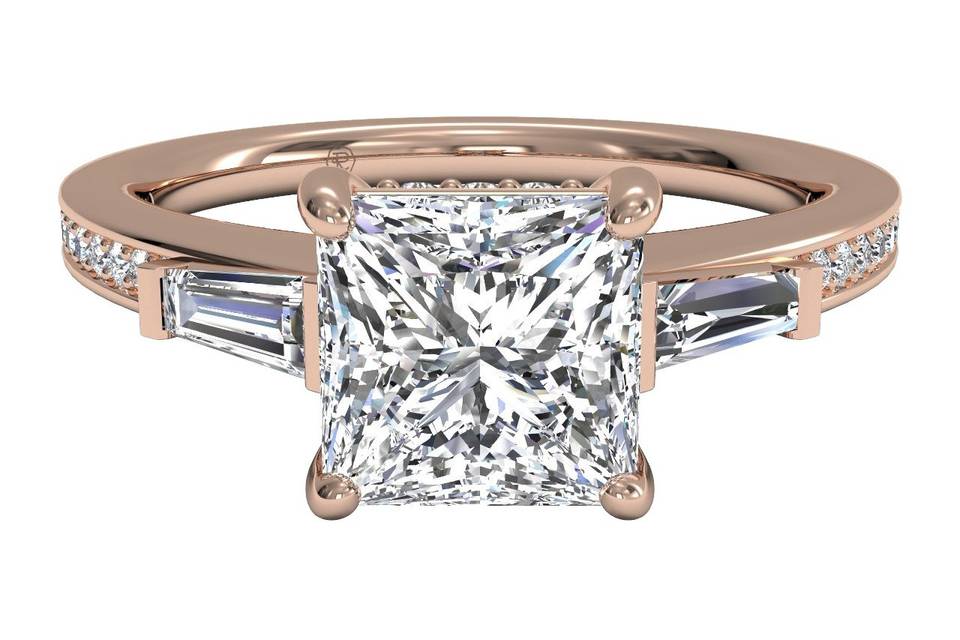 12574	<br>	Three-Stone Diamond Engagement Ring with Princess-Cut Side-Diamonds - in 18kt Rose Gold (0.38 CTW)