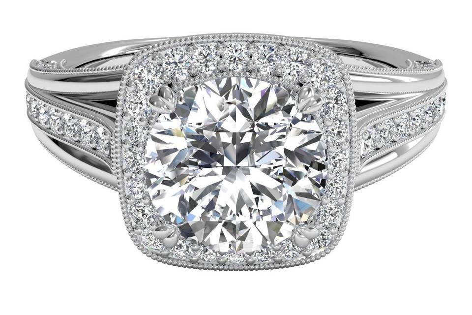 13641	<br>	Masterwork Cushion Halo Vaulted Milgrain Diamond Engagement Ring with Surprise Diamonds - in 14kt White Gold - (0.46 CTW)