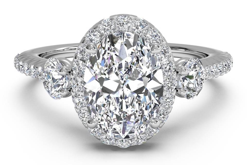 15033	<br>	Three-Stone Halo Diamond Band Engagement Ring - in 14kt White Gold - (0.47 CTW)