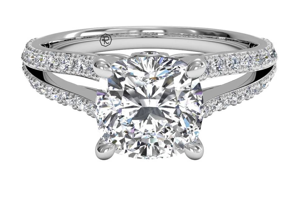 4637	<br>	Double French-Set Diamond 'V' Engagement Ring with Surprise Diamonds - in 18kt White Gold (0.24 CTW)