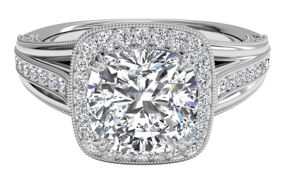 4662	<br>	Masterwork Cushion Halo Vaulted Milgrain Diamond Engagement Ring with Surprise Diamonds - in 18kt White Gold - (0.46 CTW)