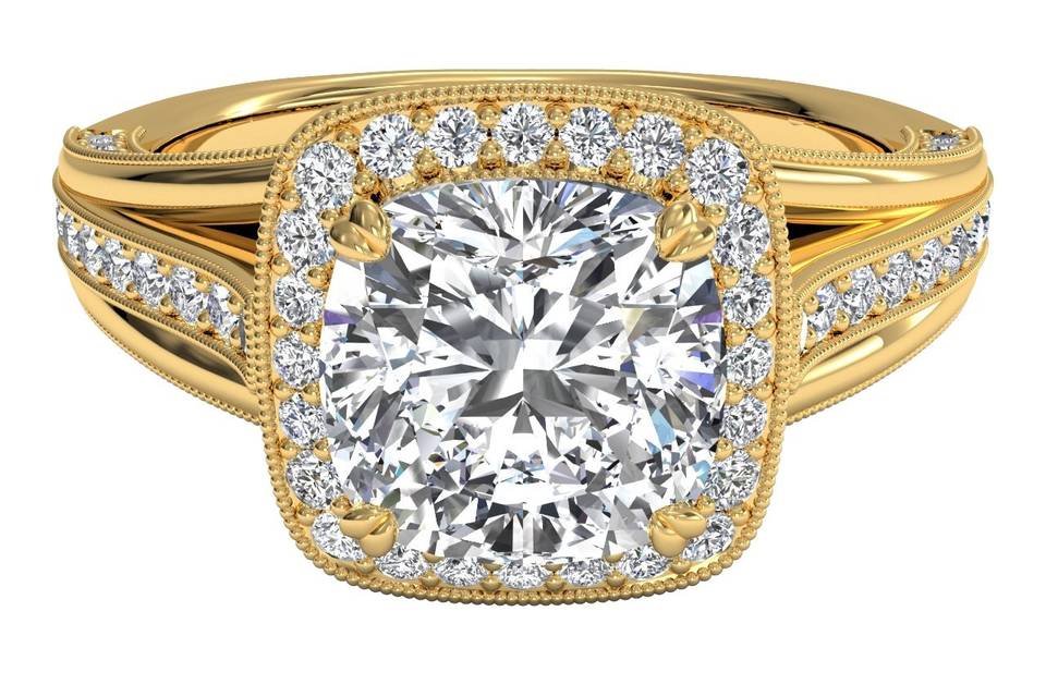 5262	<br>	Masterwork Cushion Halo Vaulted Milgrain Diamond Engagement Ring with Surprise Diamonds - in 18kt Yellow Gold - (0.46 CTW)