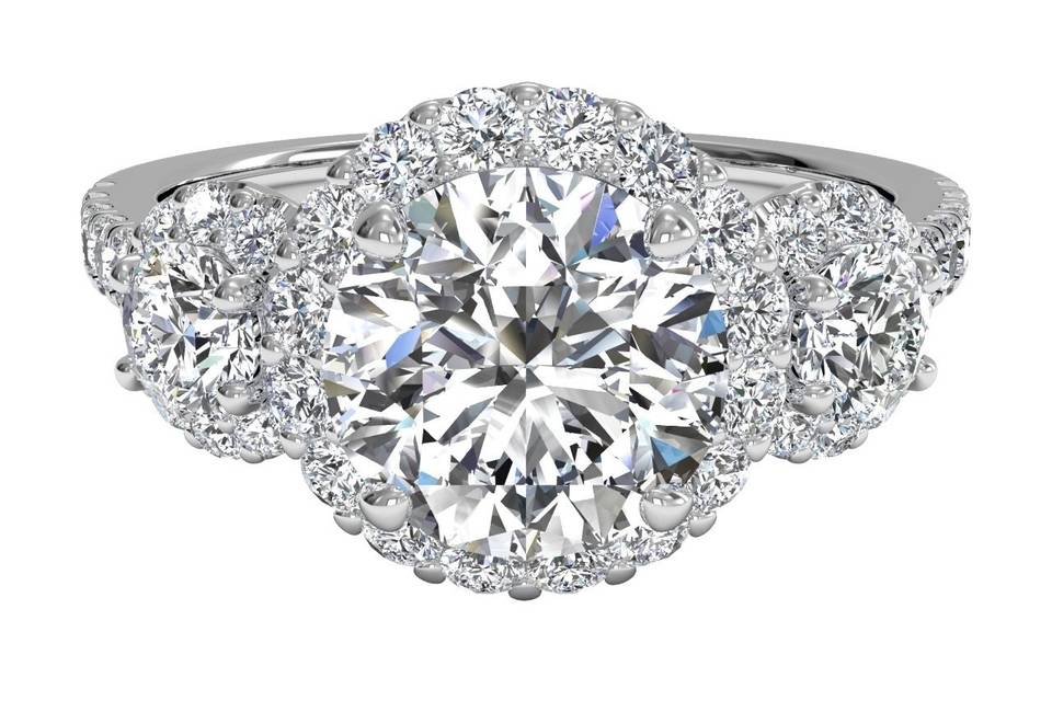 6344	<br>	Three-Stone Halo Diamond Engagement Ring - in Palladium (0.75 CTW)