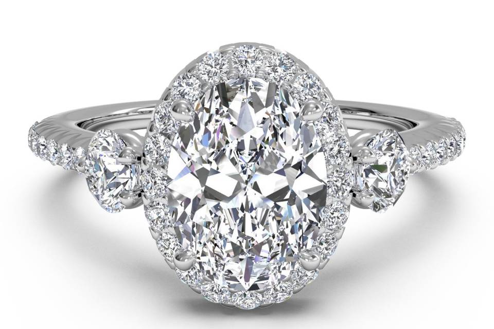 Ritani	15033	<br>	Three-Stone Halo Diamond Band Engagement Ring in 14kt White Gold (0.47 CTW)