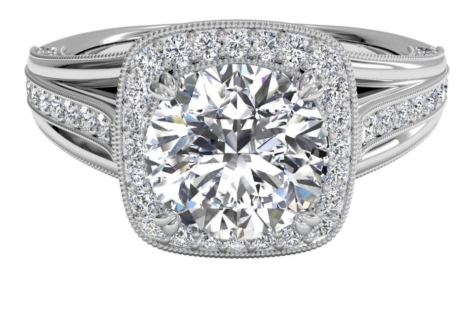 Ritani	15033	<br>	Three-Stone Halo Diamond Band Engagement Ring in 14kt White Gold (0.47 CTW)