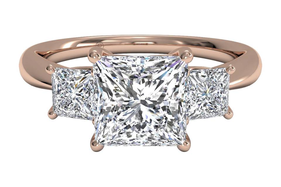 Ritani	12574	<br>	Three-Stone Diamond Engagement Ring with Princess-Cut Side-Diamonds in 18kt Rose Gold (0.38 CTW)