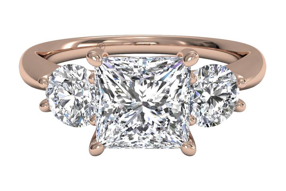 Ritani	12574	<br>	Three-Stone Diamond Engagement Ring with Princess-Cut Side-Diamonds in 18kt Rose Gold (0.38 CTW)