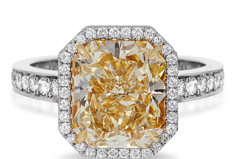 Ritani	11286	<br>	Fancy Yellow Cushion Cut Diamond Ring with Micropave Halo in Platinum and 18kt Yellow Gold (5.36 CTW)