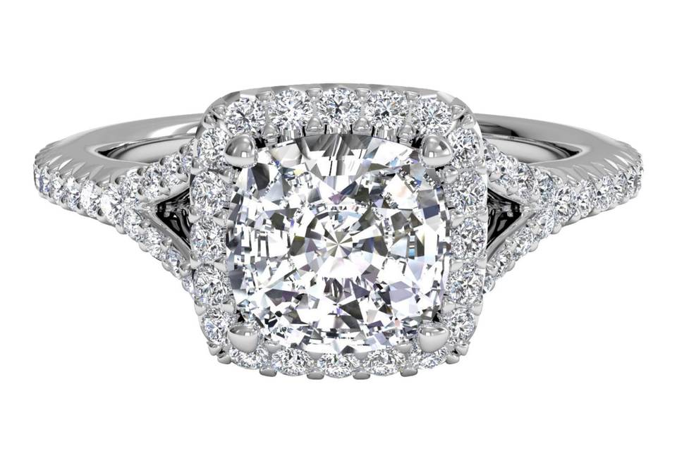 Ritani	10615	<br>	French-Set Halo Diamond 'V' Band Engagement Ring in 14kt White Gold (0.23 CTW)