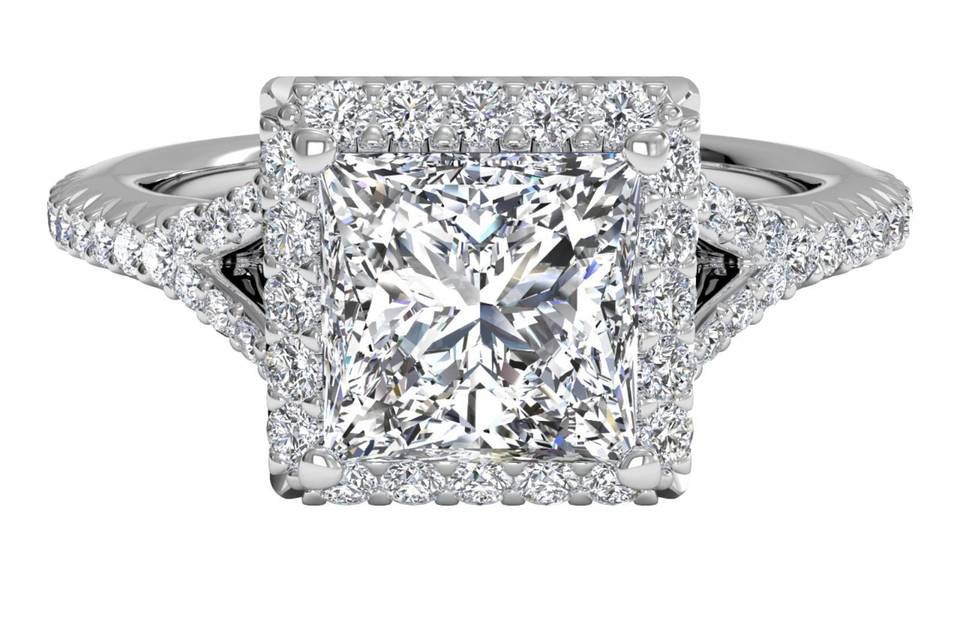 Ritani	10613	<br>	French-Set Halo Diamond 'V' Band Engagement Ring in 14kt White Gold (0.23 CTW)