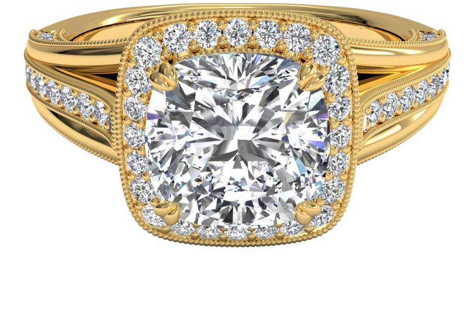 Ritani	5262	<br>	Masterwork Cushion Halo Vaulted Milgrain Diamond Engagement Ring with Surprise Diamonds in 18kt Yellow Gold (0.46 CTW)