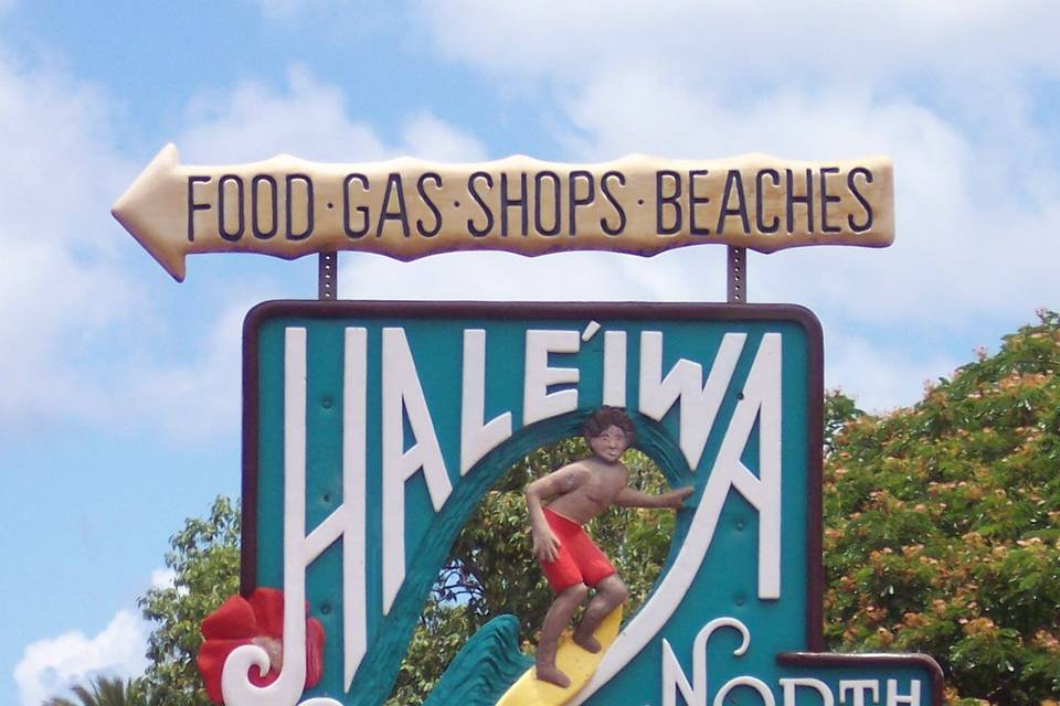 This famous sign has had to be replaced numerous times due to theft. One sign has a man surfing and the other has a woman. It's a great way to welcome guests to Oahu's North Shore, home of the Banzai Pipeline, Sunset Beach & Waimea Bay.