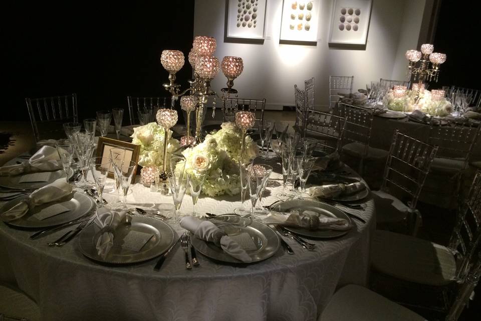 Close up of the table setting for a wedding at the Gallery of Amazing Things in Dania Beach, Florida.