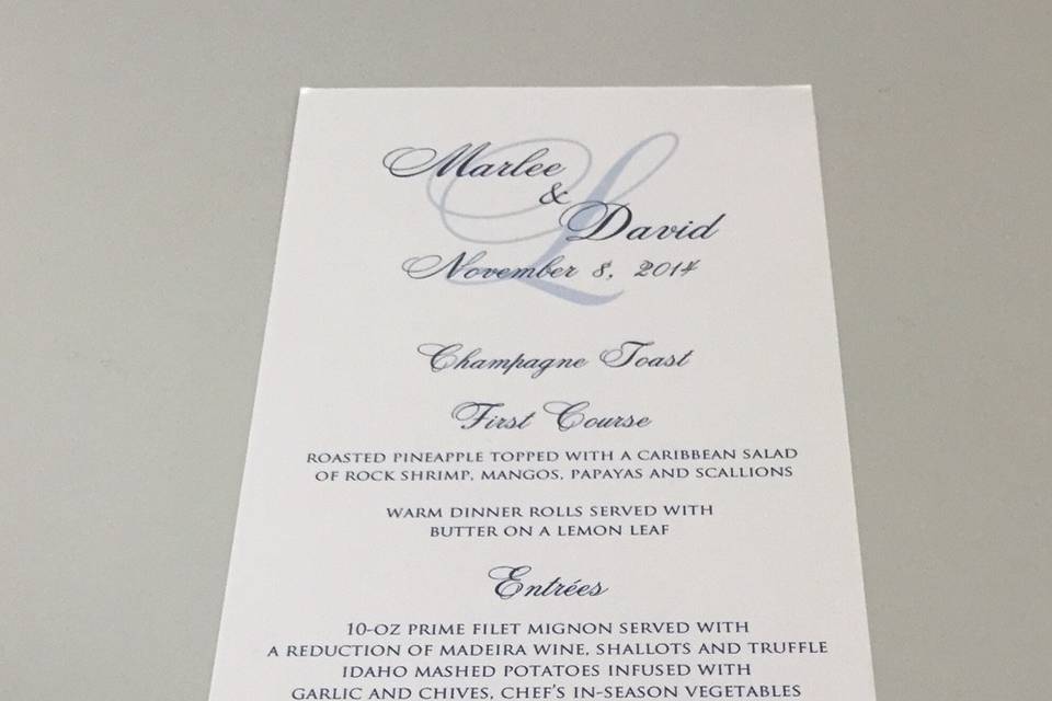 White and blue menu card.