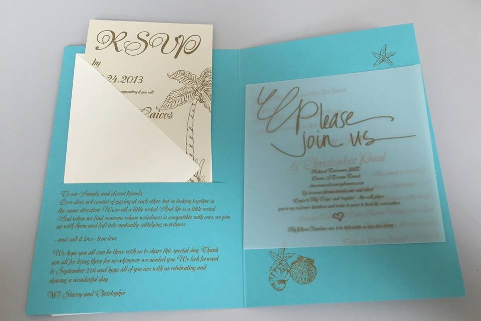 Turquoise and gold palm tree invitation.
