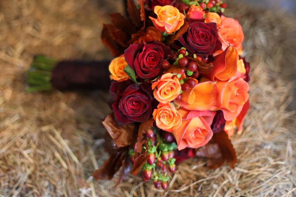 Purple ribbon on bouquet