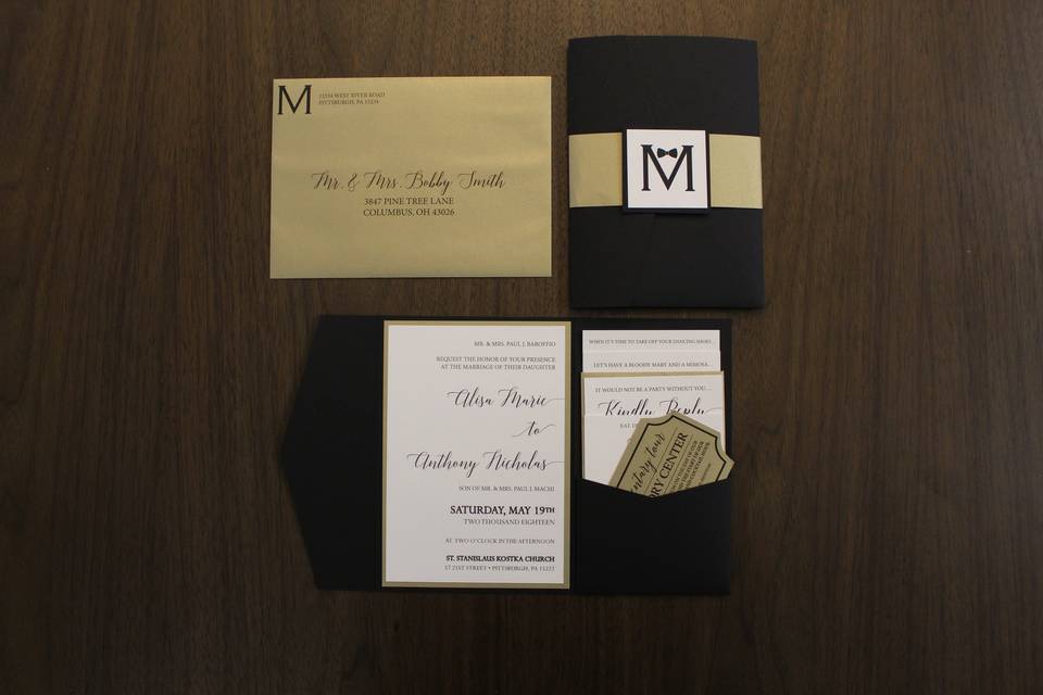 Black & gold pocket invitation