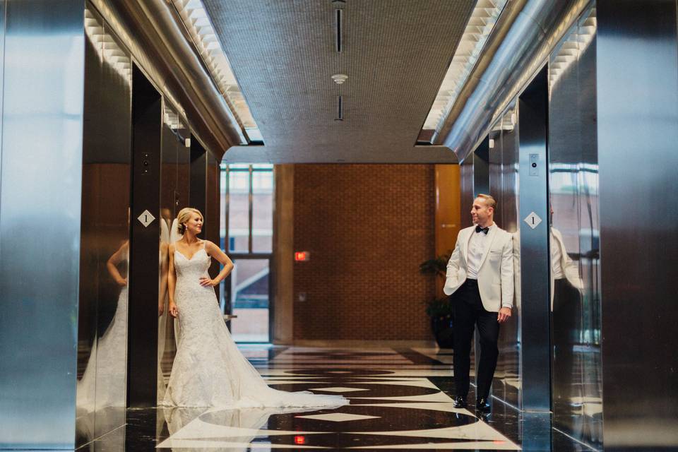 Couple by the elevators