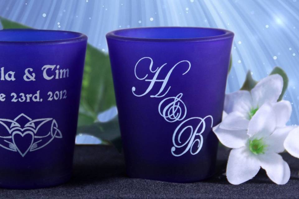 Dark Blue Shot Glasses look great with names or monogrammed with the initials of the bride and groom!