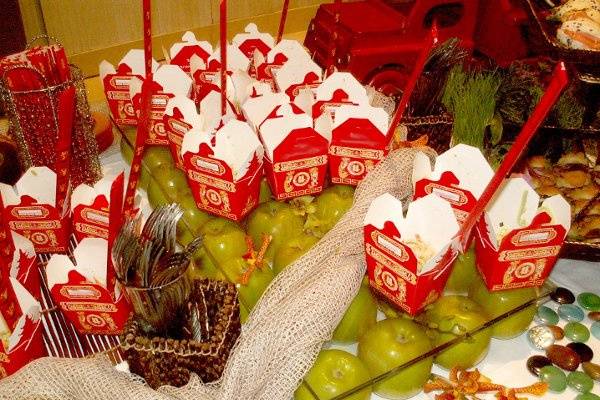 bountiful outdoor display of fresh fruit and cheese