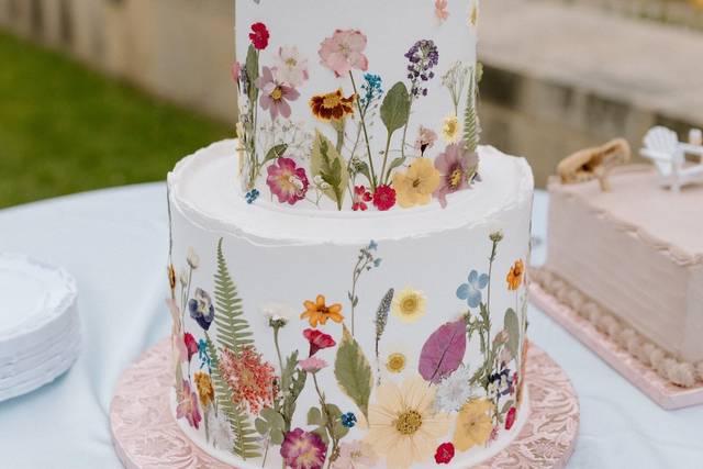 Pressed flower two tier wedding cake