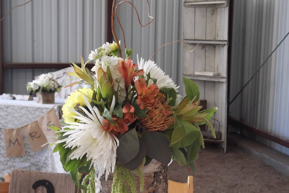 Centerpiece in birch-covered cylinder of hypericum berry, pincushion protea, fuji mums, millet