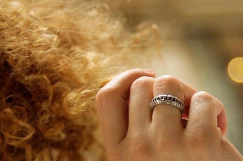 Vintage Inspired, hand engraved Wedding band in white gold and cognac diamonds.