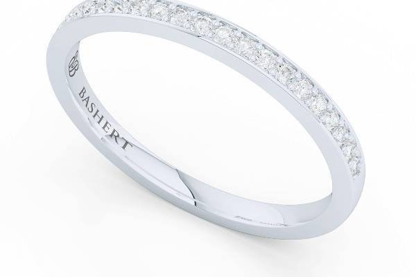 Classic Diamond BandBright White Gold or PlatinumWedding band with clean, elegant silhouette. Delicate, diamond encrusted band, adorned with 0.15ct. F,G/VS1 Round Brilliant Cut Diamonds, that was designed to compliment and match beautifully the Mademoiselle engagement ring from our Paris Collection.