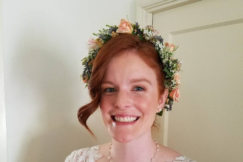 Bride's flower crown and dress