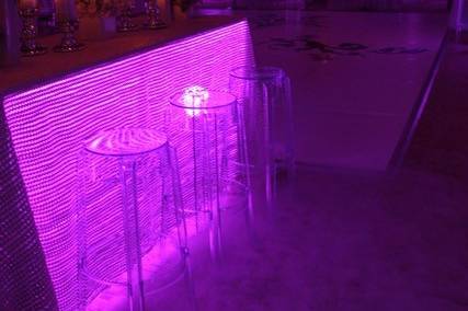 Ground fog for dance floor and room, purple under table lighting, matching walls