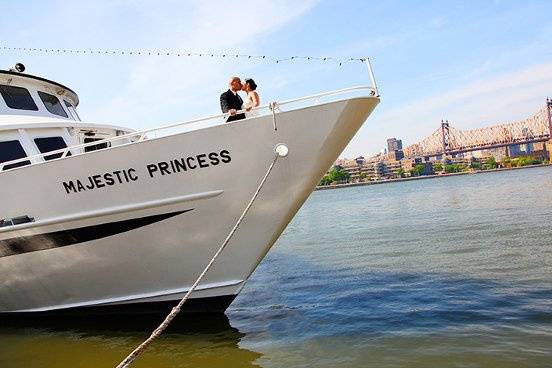 Boat Wedding, A couple on a boat overlooking New York. A view from Water's Edge, LIC