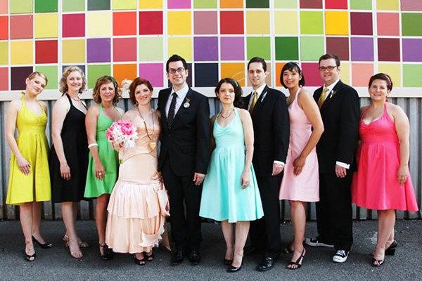 Colorful Bridal Party in Dumbo. Circul Coney Island Theme Wedding
