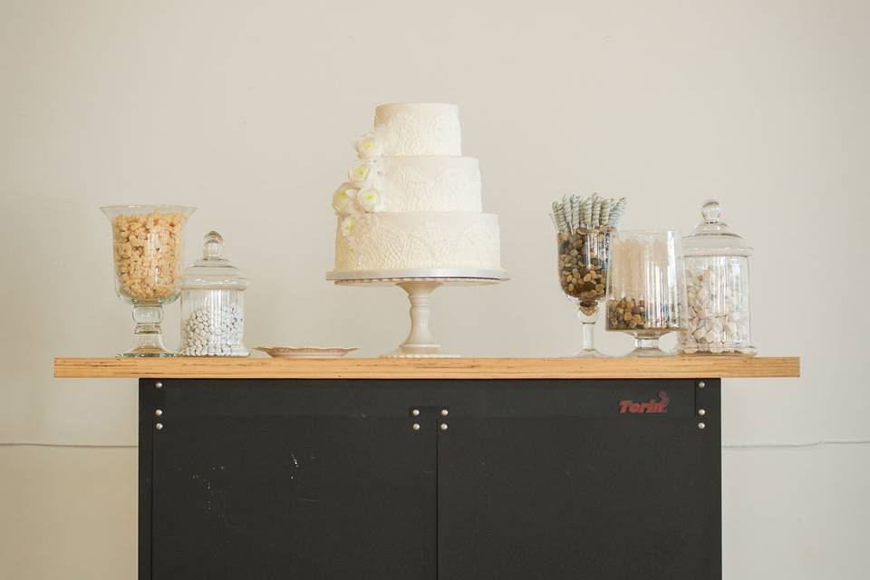 Wedding cake and candy bar.