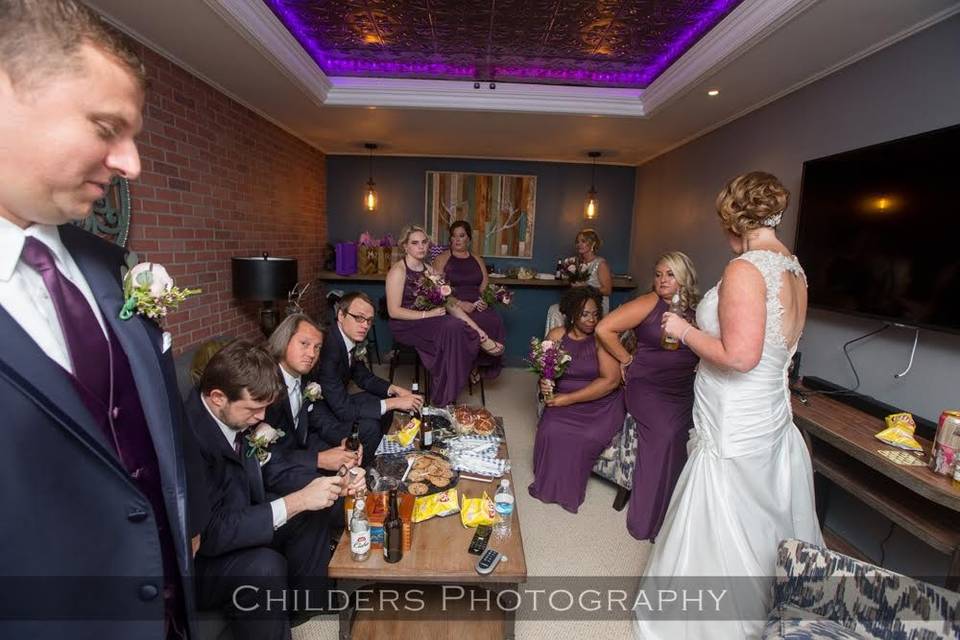 The bridal party in the Stags Room after the ceremony