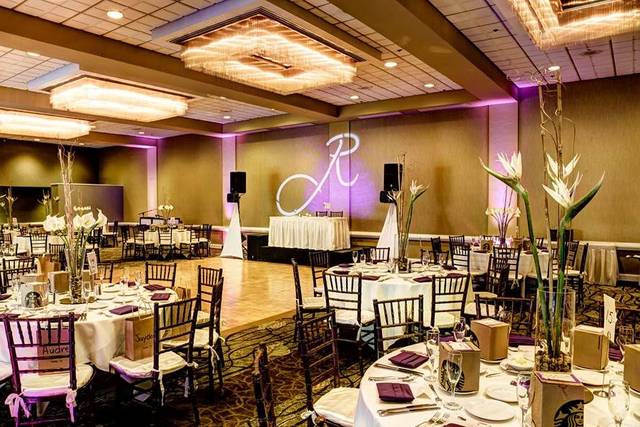 Ballroom lit for a reception