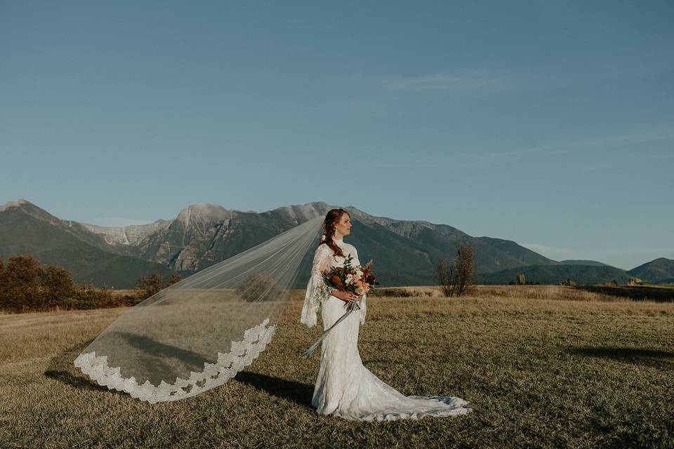 Bride with Veil Mission Mtns