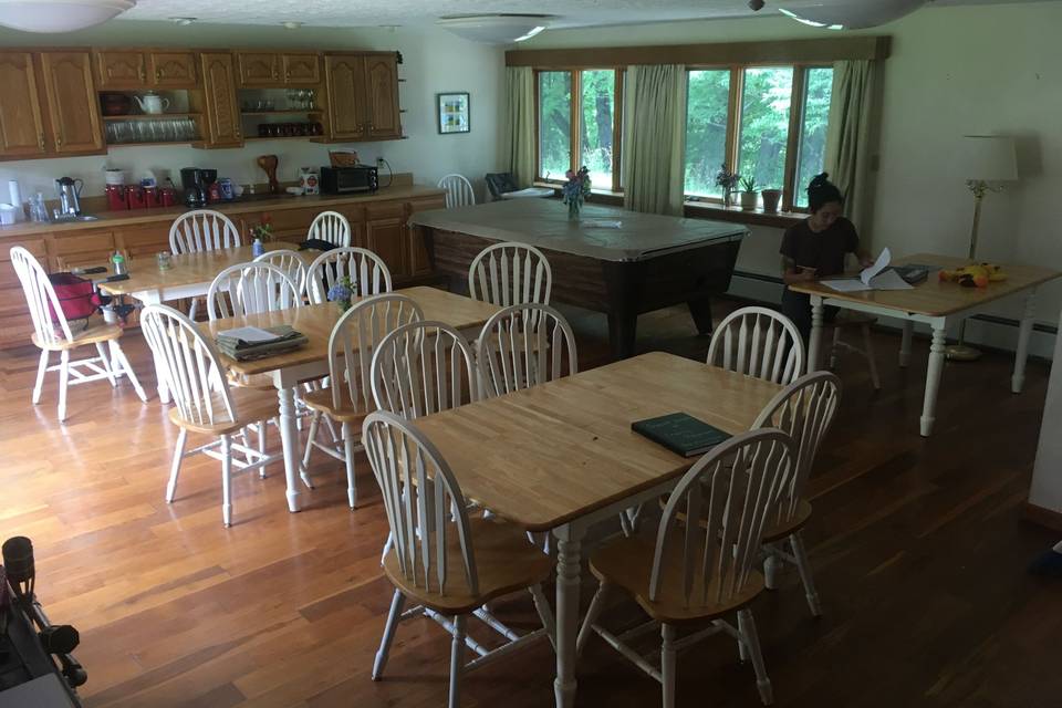 Our dining room can seat 30 people. It is adjacent to our large kitchen and great room.