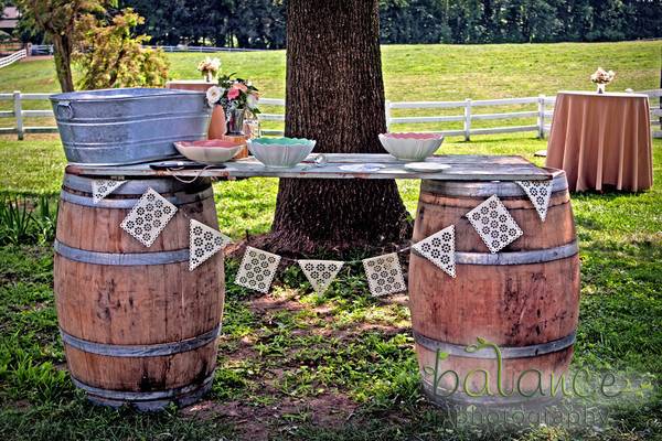 Rustic makeshift table using barrels