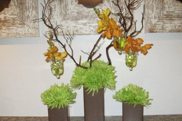 Fuji Mums with Manzanita Branch and Hanging Orchids.