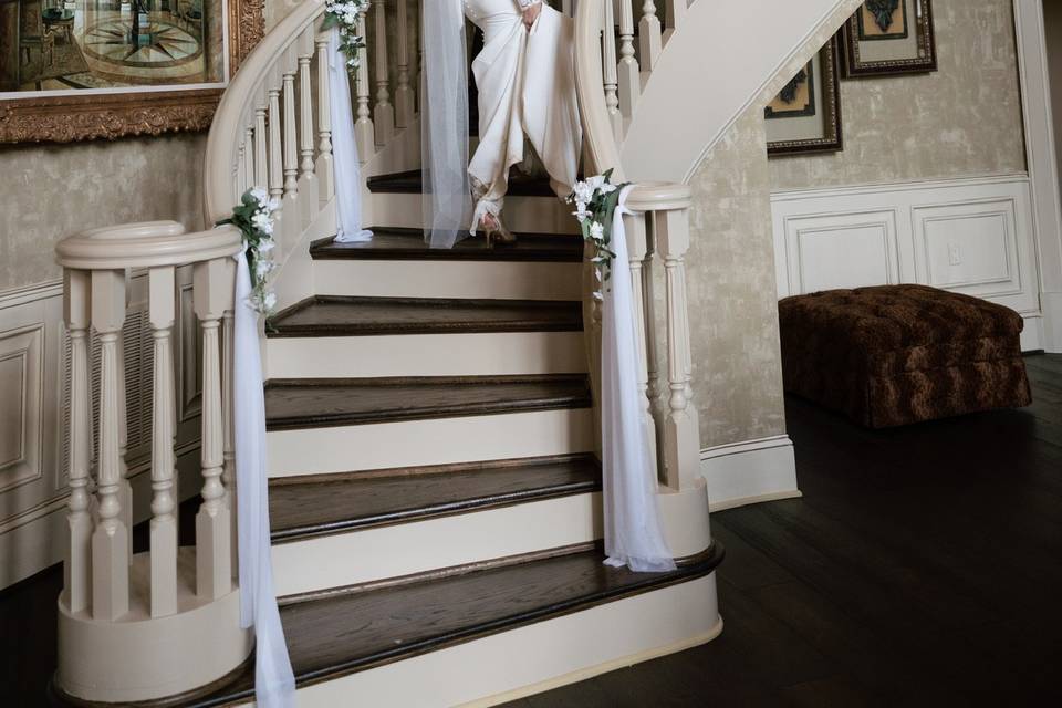 Bride and groom on stairs